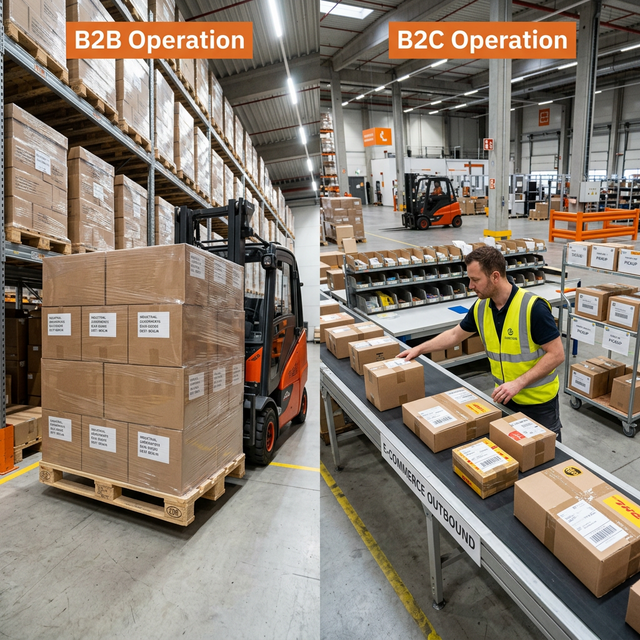 Porovnanie B2B paliet a malých B2C balíčkov v sklade